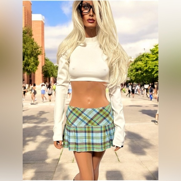 Abercrombie & Fitch Blue Green Plaid Pleated Mini Skirt Peekaboo Lace Size 4 - Picture 3 of 16